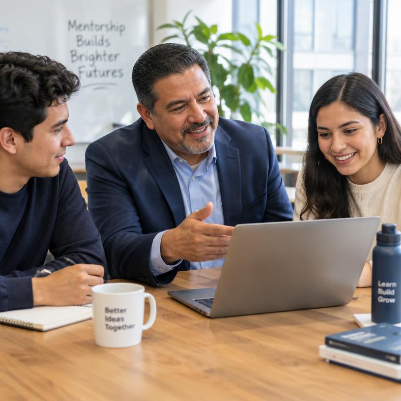 Empresario asesorando a estudiantes