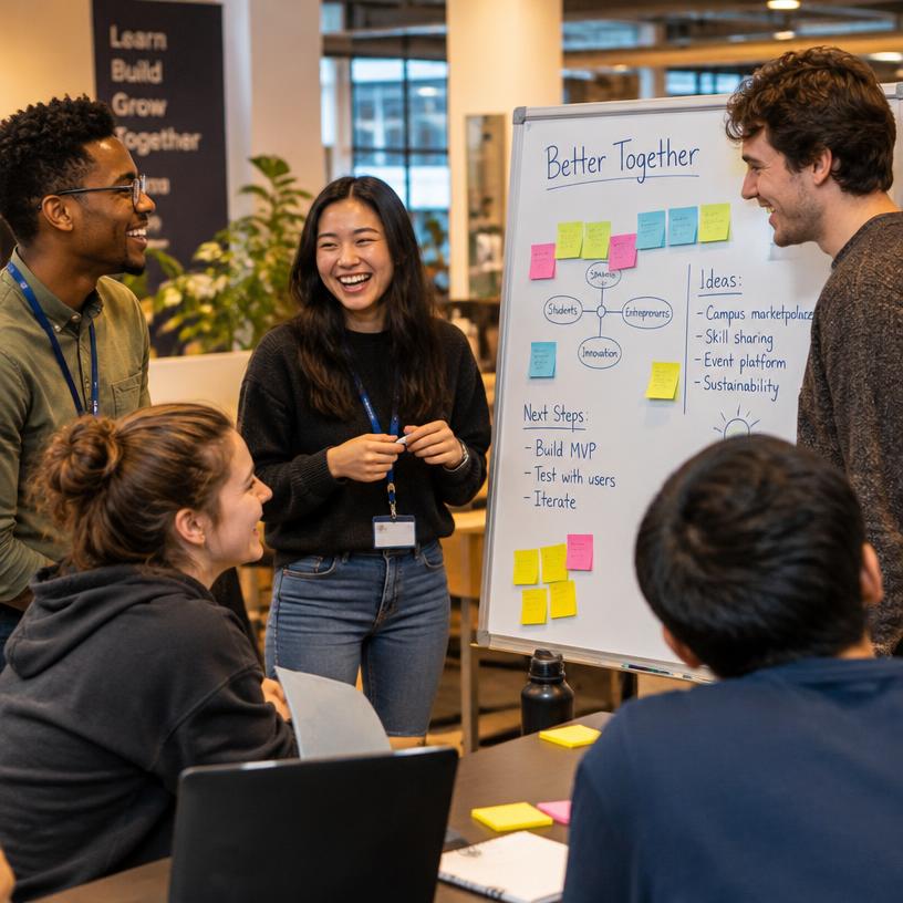 Emprendedores y estudiantes colaborando